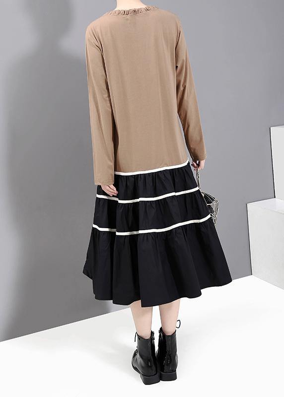 Handmade Khaki Cotton Clothes for Patchwork Loose Ruffles Dresses