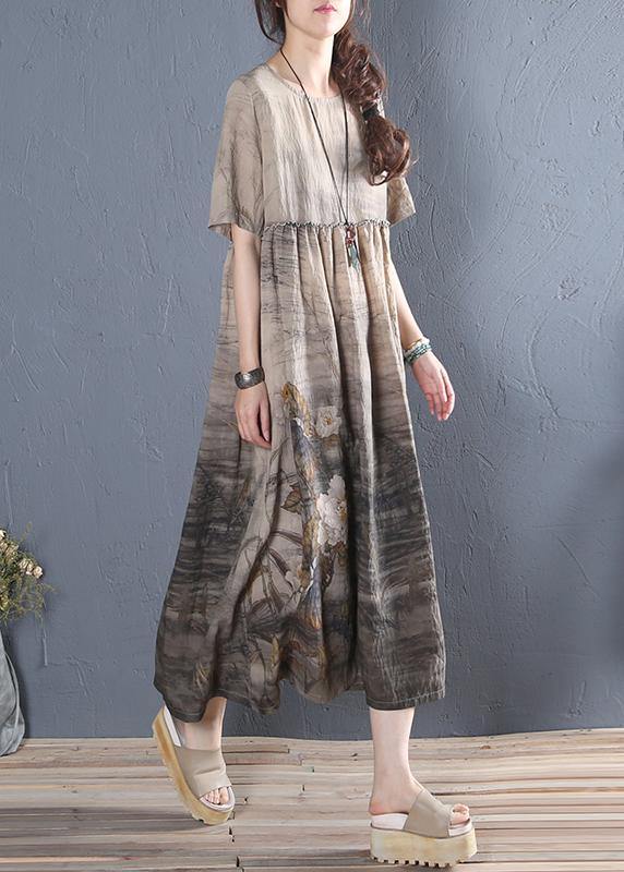 Handmade Khaki Print Cotton Dress O Neck Short Sleeve Dresses Summer Dress