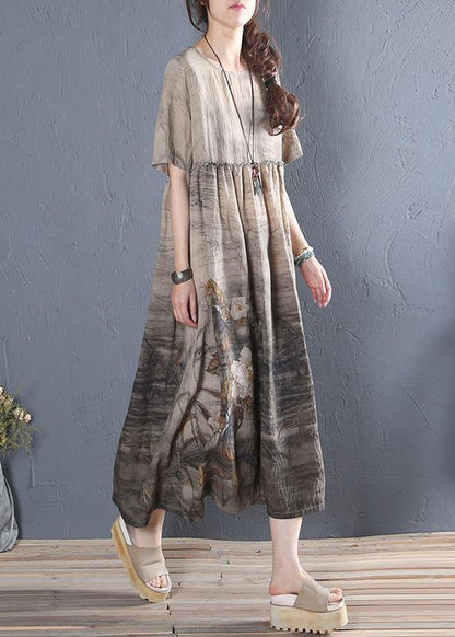 Handmade Khaki Print Cotton Dress O Neck Short Sleeve Dresses Summer Dress
