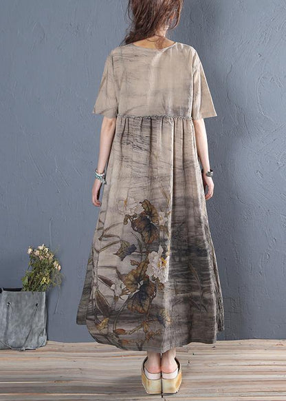 Handmade Khaki Print Cotton Dress O Neck Short Sleeve Dresses Summer Dress