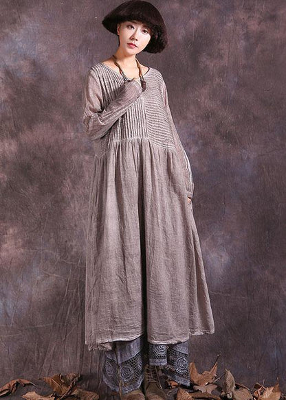 Handmade Khaki Cinched Cotton Linen Quilting Clothes Long Sleeve Long Summer Dress