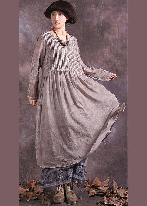Handmade Khaki Cinched Cotton Linen Quilting Clothes Long Sleeve Long Summer Dress