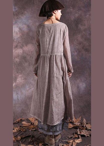 Handmade Khaki Cinched Cotton Linen Quilting Clothes Long Sleeve Long Summer Dress