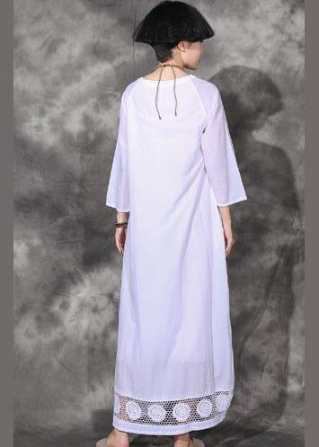 Handmade Lace Hem Cotton Dresses Linen White V Neck Dresses Summer