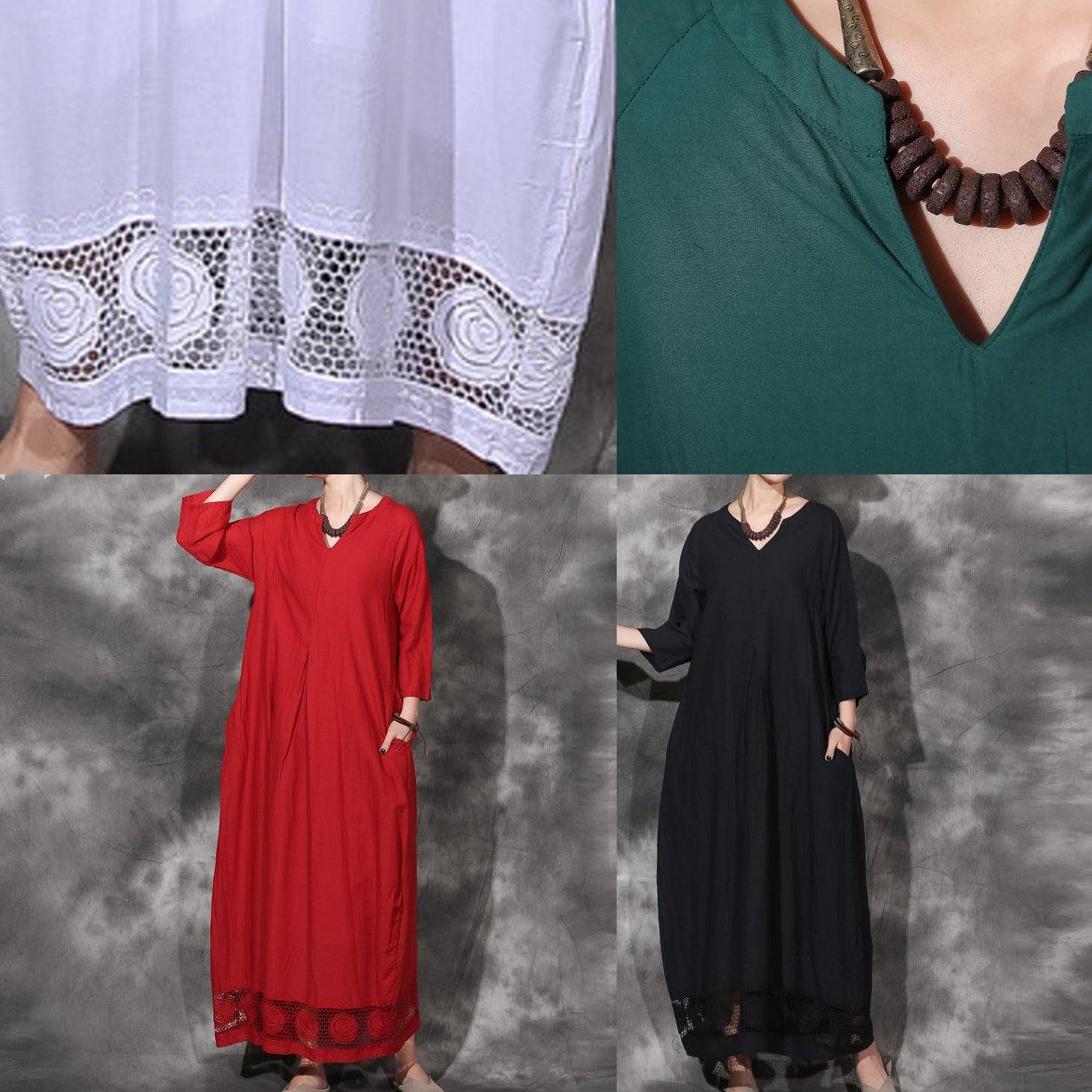 Handmade Lace Hem Cotton Dresses Linen White V Neck Dresses Summer
