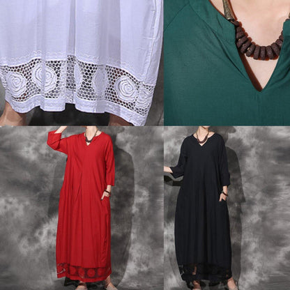 Handmade Lace Hem Cotton Dresses Linen White V Neck Dresses Summer