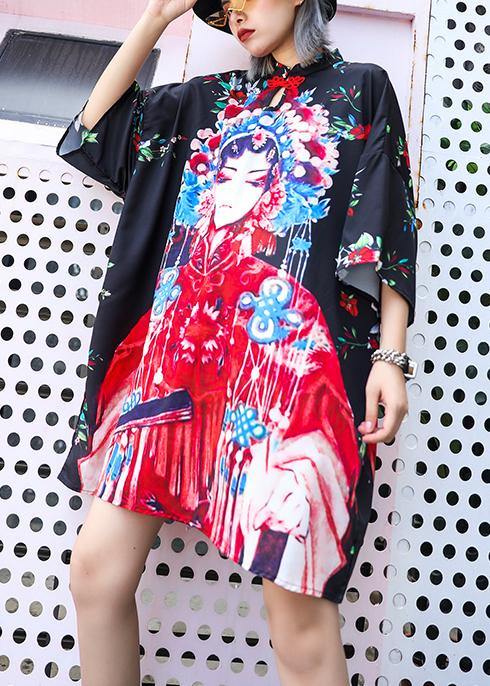 Handmade Lapel Half Sleeve Cotton Clothes for Design Black Print Dresses Summer