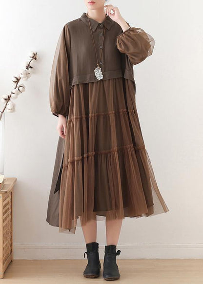 Handmade Lapel Patchwork Tulle Clothes Catwalk Chocolate Robes Dresses