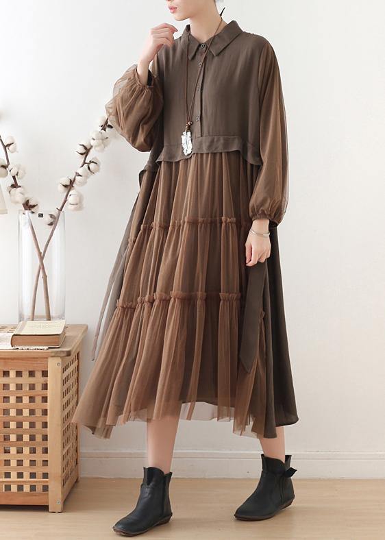 Handmade Lapel Patchwork Tulle Clothes Catwalk Chocolate Robes Dresses