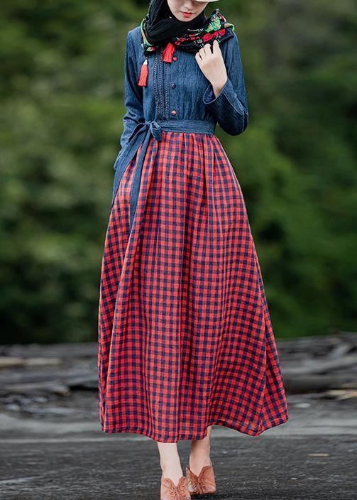 Handmade Lapel Spring Clothes Neckline Blue Patchwork Plaid Dresses