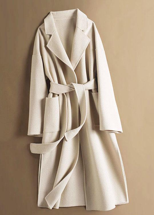Handmade Lapel Tie Waist Fine Woolen Coats Notched Woolen Coats