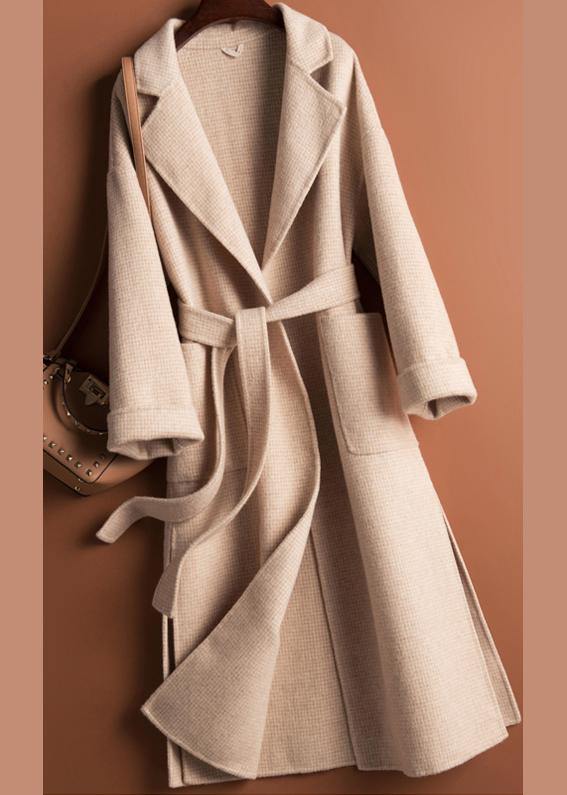 Handmade Lapel Tie Waist Fine Woolen Coats Notched Woolen Coats