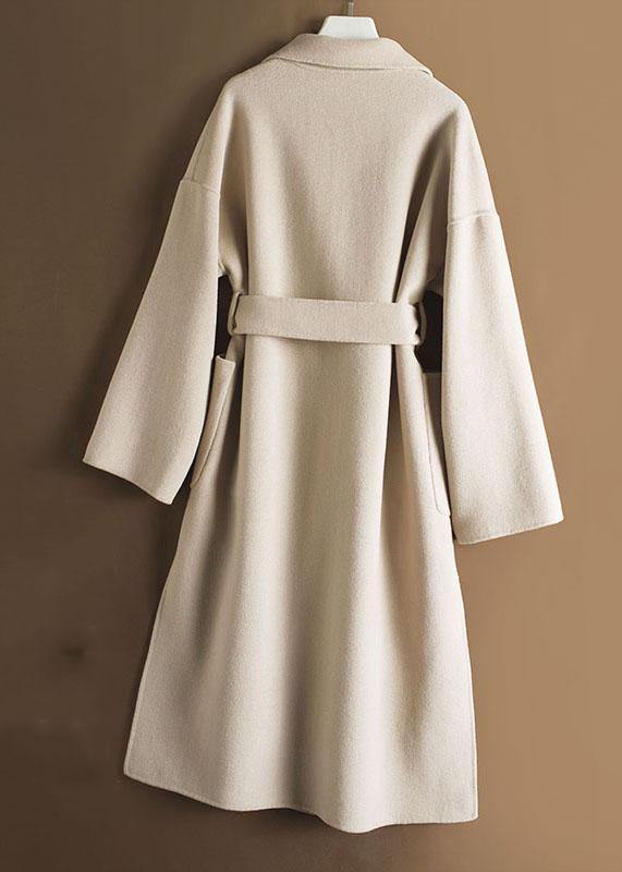 Handmade Lapel Tie Waist Fine Woolen Coats Notched Woolen Coats