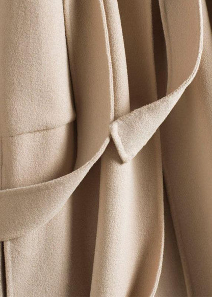 Handmade Lapel Tie Waist Fine Woolen Coats Notched Woolen Coats