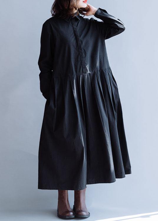 Handmade Lapel Cinched Dress Black Cotton Dresses Fall