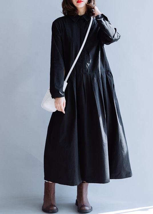 Handmade Lapel Cinched Dress Black Cotton Dresses Fall