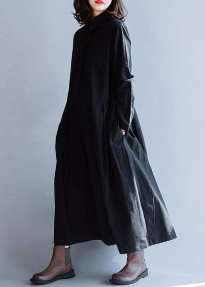 Handmade Lapel Cinched Dress Black Cotton Dresses Fall