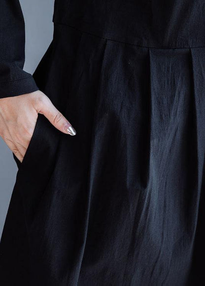 Handmade Lapel Cinched Dress Black Cotton Dresses Fall