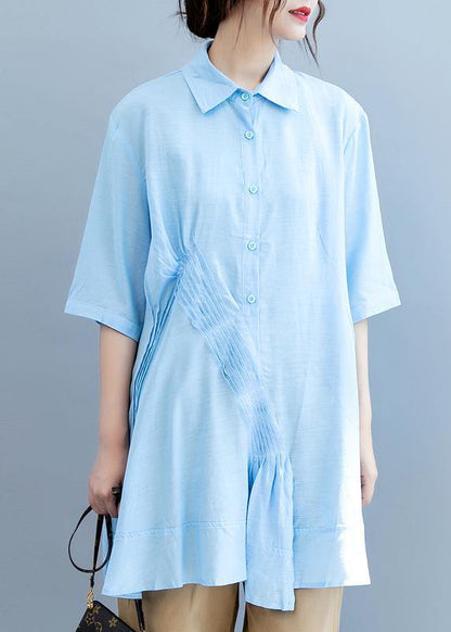 Handmade Light Blue Blouse Lapel Half Sleeve Midi Blouses