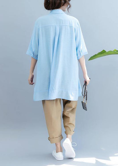 Handmade Light Blue Blouse Lapel Half Sleeve Midi Blouses