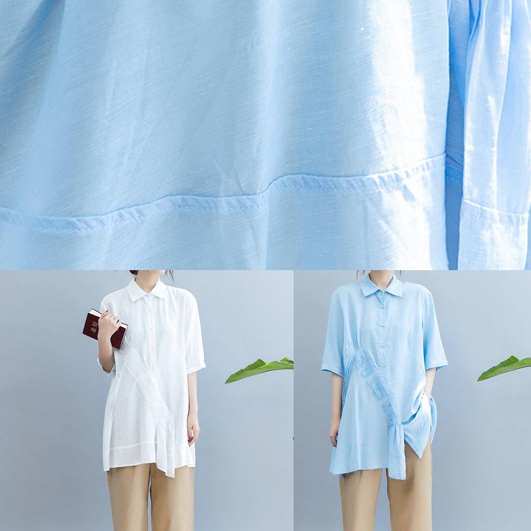 Handmade Light Blue Blouse Lapel Half Sleeve Midi Blouses