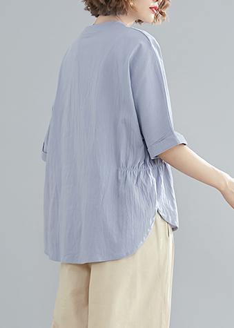 Handmade Light Blue Linen Linen Tops Blouses Work Button Down Elastic Waist Shirts