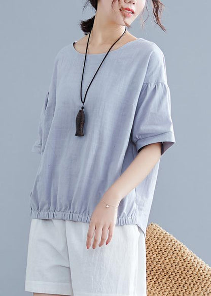 Handmade Light Gray Cotton Linen Shirts O Neck Half Sleeve Summer Tops