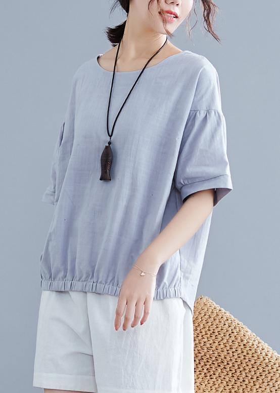 Handmade Light Gray Cotton Linen Shirts O Neck Half Sleeve Summer Tops