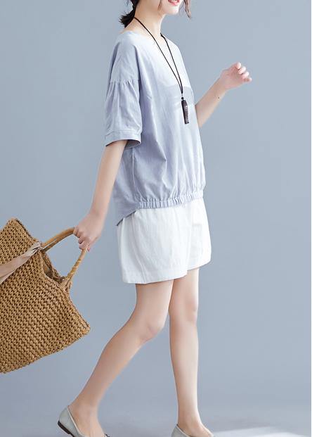 Handmade Light Gray Cotton Linen Shirts O Neck Half Sleeve Summer Tops