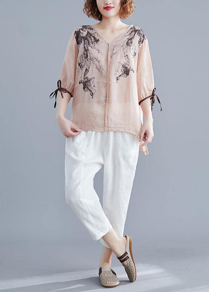 Handmade Light Pink Print Cotton Linen Blouse V Neck Side Open Summer Top
