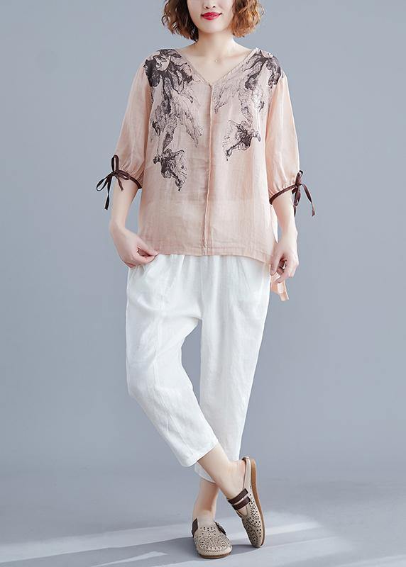 Handmade Light Pink Print Cotton Linen Blouse V Neck Side Open Summer Top
