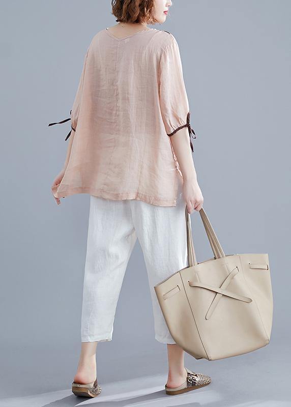 Handmade Light Pink Print Cotton Linen Blouse V Neck Side Open Summer Top