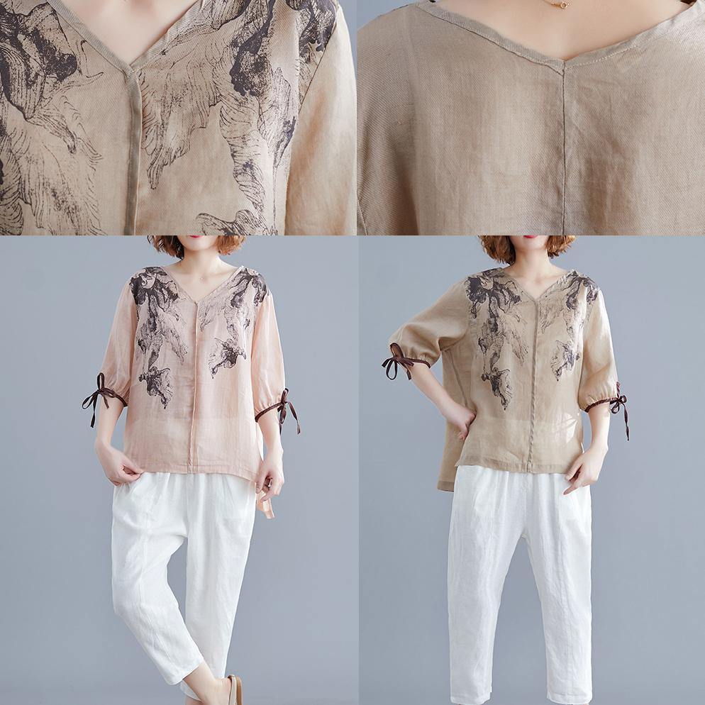 Handmade Light Pink Print Cotton Linen Blouse V Neck Side Open Summer Top