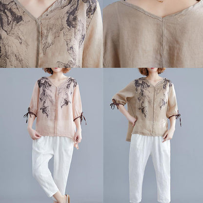 Handmade Light Pink Print Cotton Linen Blouse V Neck Side Open Summer Top