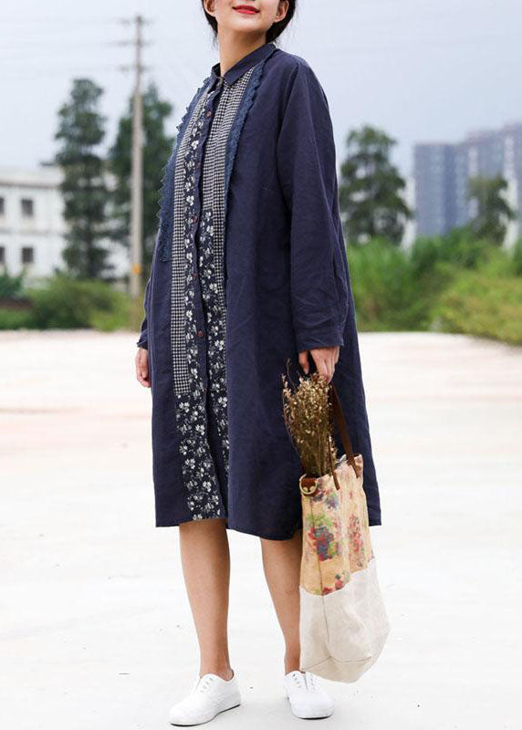 Handmade Linen Robes Retro Blue Splice Turn-down Collar Linen Dress