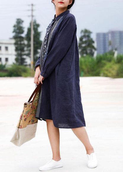 Handmade Linen Robes Retro Blue Splice Turn-down Collar Linen Dress