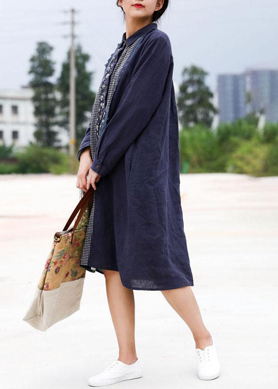 Handmade Linen Robes Retro Blue Splice Turn-down Collar Linen Dress