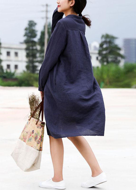 Handmade Linen Robes Retro Blue Splice Turn-down Collar Linen Dress