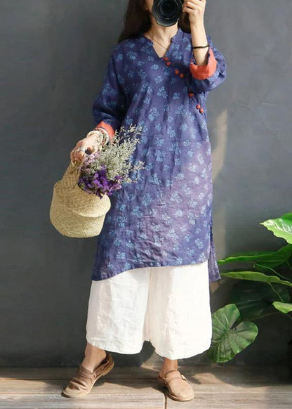 Handmade Linen Robes Organic Retro Plant Print V-neck Loose Ramie Blouse