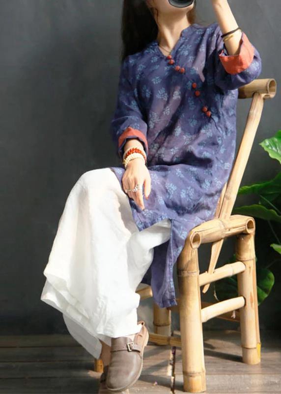 Handmade Linen Robes Organic Retro Plant Print V-neck Loose Ramie Blouse