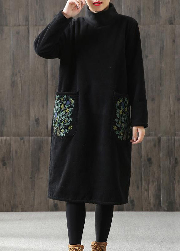 Handmade Linen Tunics Printing Turtleneck Winter Cotton Midi Dress