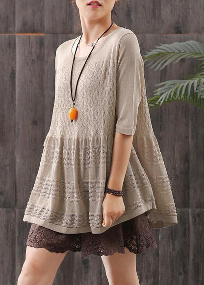 Handmade Linen Crane Tops Fitted Retro Half Sleeve Hollow Out Blouse