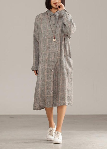 Handmade Linen Dresses 18th Century Dark Gray Linen Plaid Autumn Shirtdress