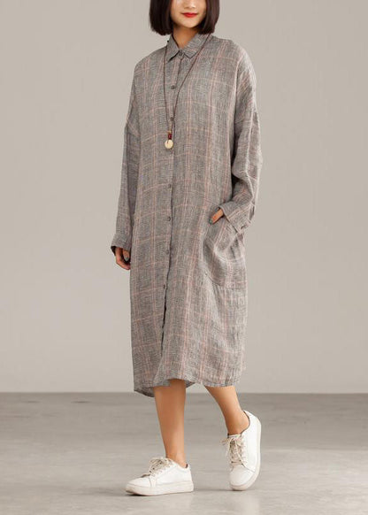 Handmade Linen Dresses 18th Century Dark Gray Linen Plaid Autumn Shirtdress