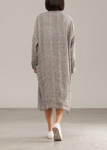 Handmade Linen Dresses 18th Century Dark Gray Linen Plaid Autumn Shirtdress