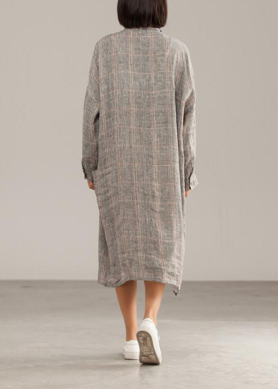 Handmade Linen Dresses 18th Century Dark Gray Linen Plaid Autumn Shirtdress