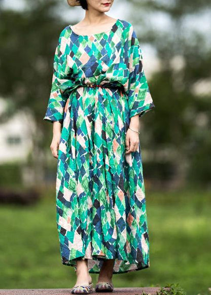 Handmade Multicolor Plaid Cotton Clothes O Neck Tie Waist Maxi Summer Dresses