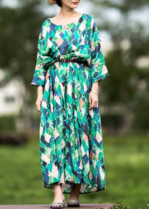 Handmade Multicolor Plaid Cotton Clothes O Neck Tie Waist Maxi Summer Dresses