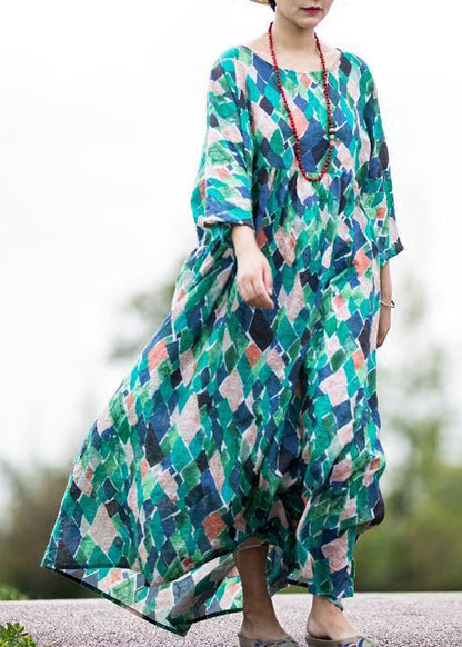 Handmade Multicolor Plaid Cotton Clothes O Neck Tie Waist Maxi Summer Dresses