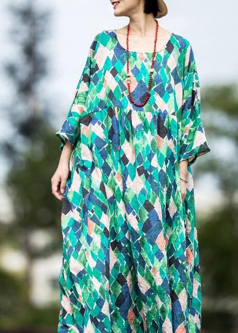 Handmade Multicolor Plaid Cotton Clothes O Neck Tie Waist Maxi Summer Dresses
